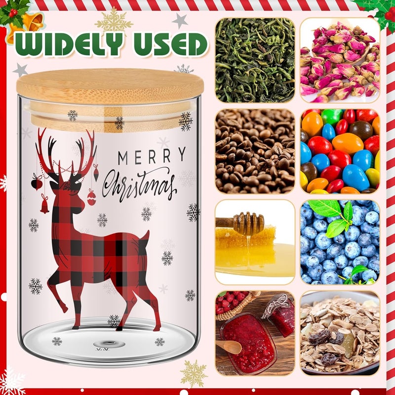 Shellwei 6 Pcs Christmas Glass Storage Jar with Airtight Bamboo Lid Buffalo Plaid Canister Sets Christmas Tree Sled Cookie Jars Candy Storage 19oz for Kitchen Containers Countertop Decoration - Image 4